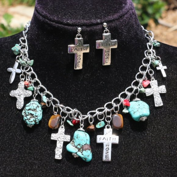 Cross Necklace Chunky Silvertone Turquoise Set New - Picture 1 of 9